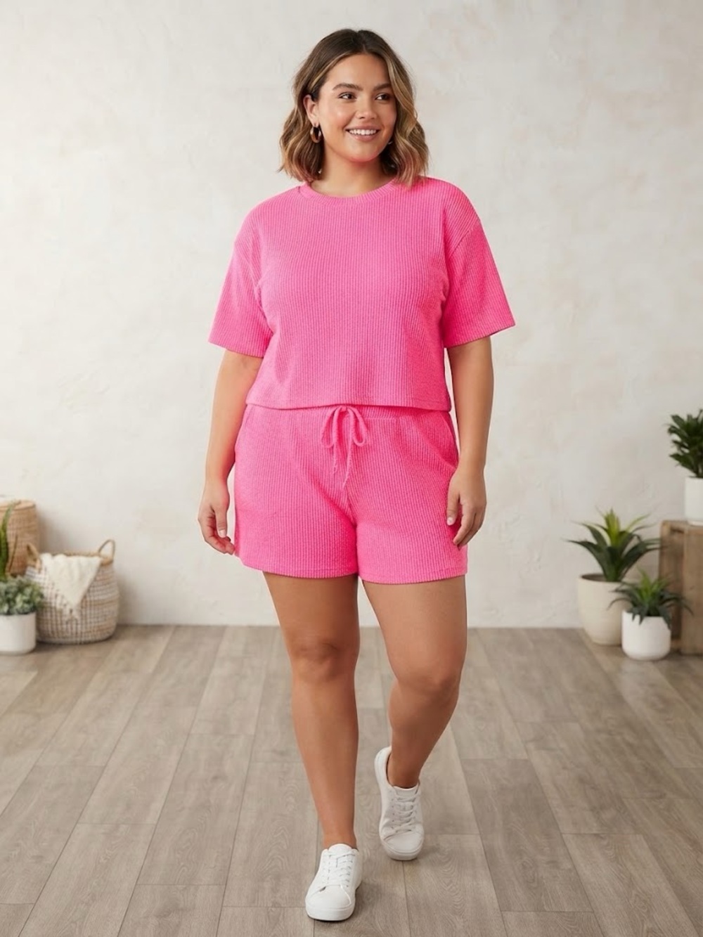 Zenana Outfitters Waffle Short Set - Hot Pink